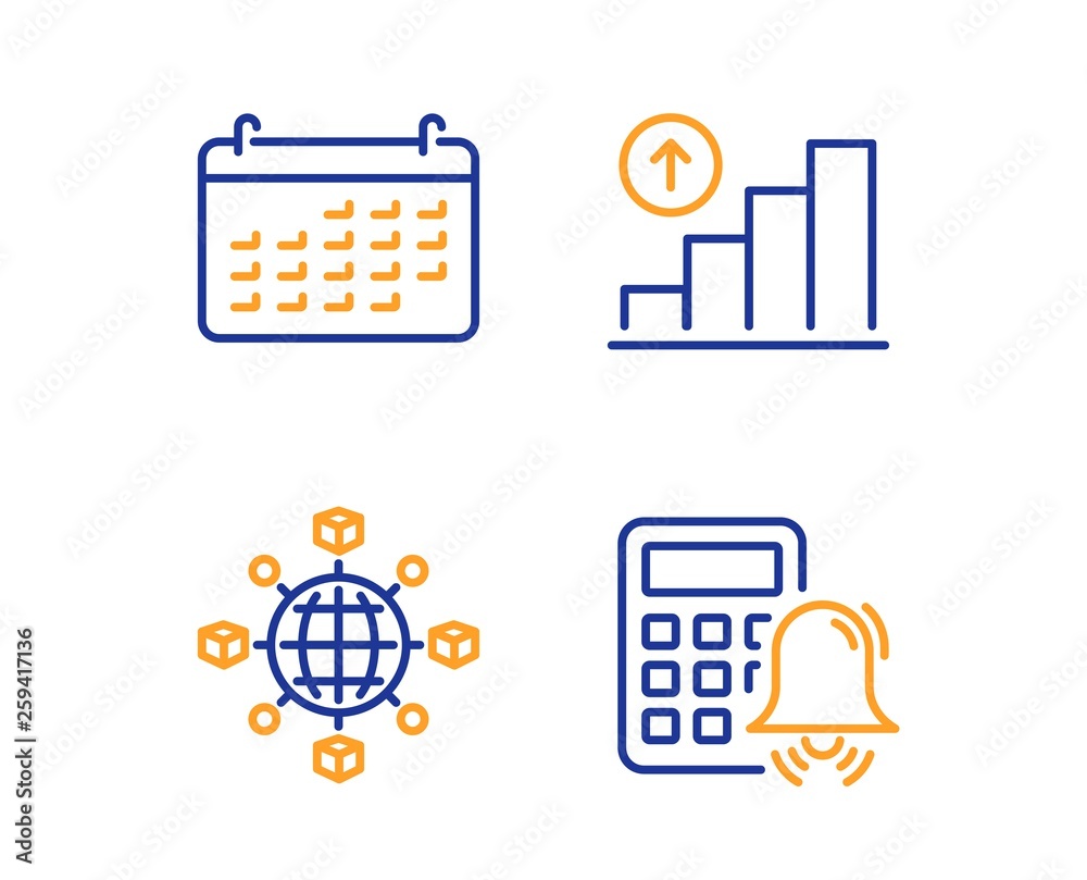 Icons of a calendar, calculator, networking web-globe, and a bar graph